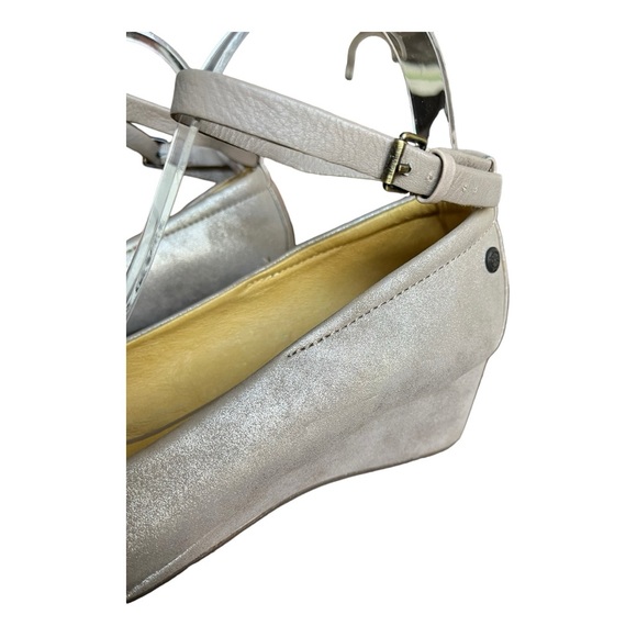 Anthropologie Bussola Tampere Ankle Strap Wedge Leather Heels in Golden Silver - Picture 6 of 16